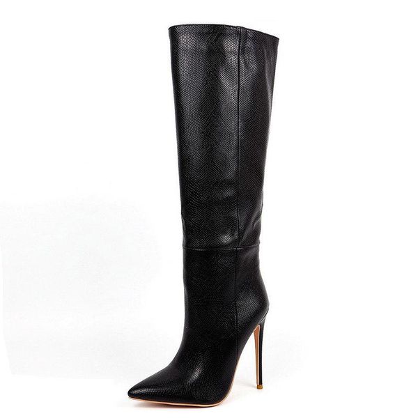 

boots 2021 women fashion super high heel knee faux leather spring autumn pointed toe long winter shoes 41 42 43, Black