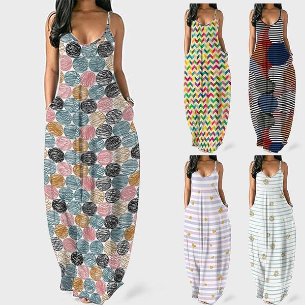 

casual dresses women maxi dress plus size v neck colorful print strap ladies summer baggy beach bohemian robe, Black;gray