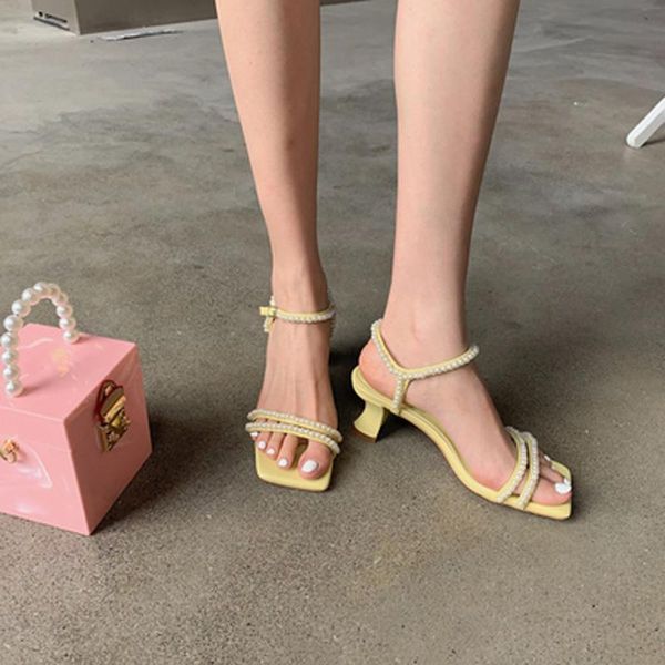 

summer fashion women casual high heels shoes 2021 pearl chain solid color square toe pumps female buckle strap sandals, Black