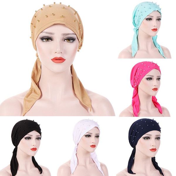 

beanie/skull caps soft beaded baotou cap women distinctive comfortable elastic turban hat solid color elegance delicate muslim, Blue;gray