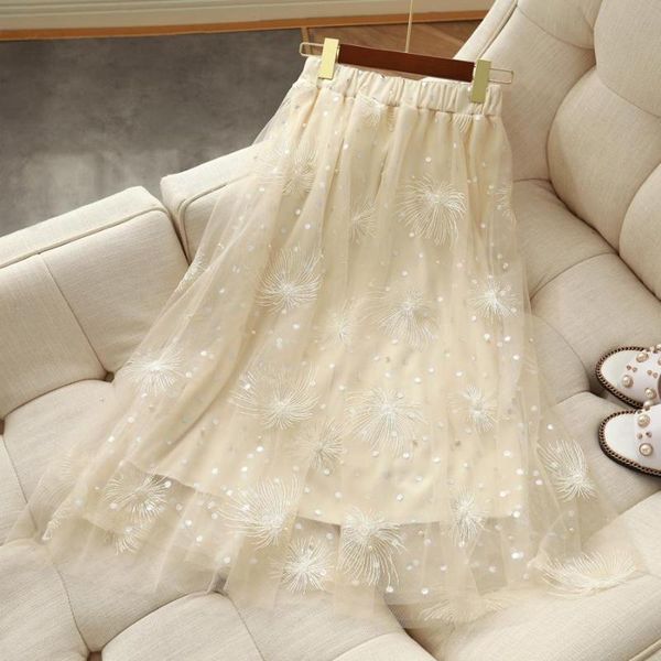 

skirts women 2021 summer fashion embroidery female vintage ol elegant retro midi skirt ladies mesh a-line s94, Black