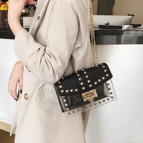 

designer small new brand chains functional bag classic square clear fashion messenger 2021 shoulder woman female transparent rivets pu handb