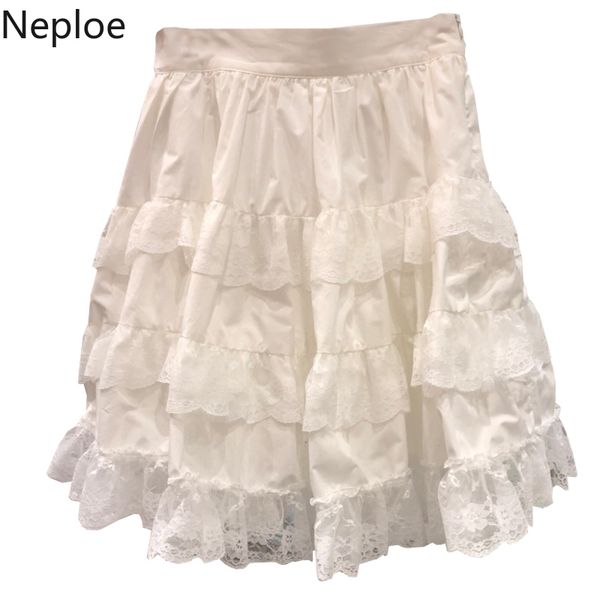 

neploe korean fashion women skirts summer clothes high waist all-match white faldas mujer patchwork lace sweet cute skirt 210422, Black
