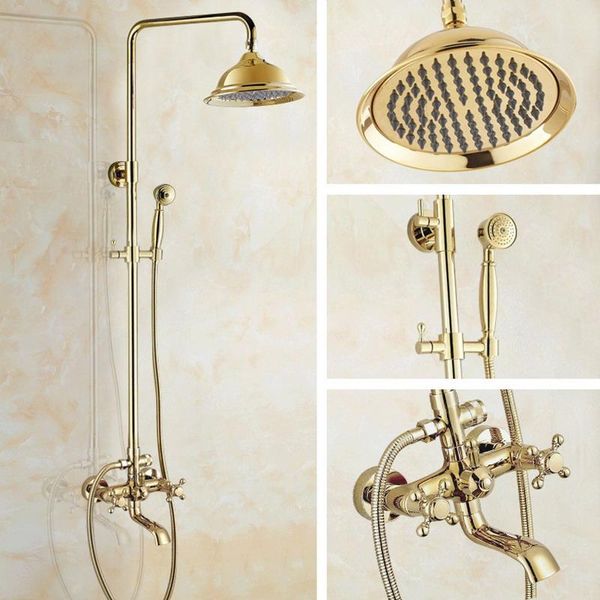 

bathroom shower sets gold color brass two cross handles wall mounted rain head bath tub faucet set telephone shape hand spray mgf383