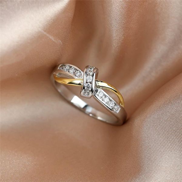 

wedding rings unique female crystal cross bow ring charm gold silver color for women boho promise bride engagement, Slivery;golden