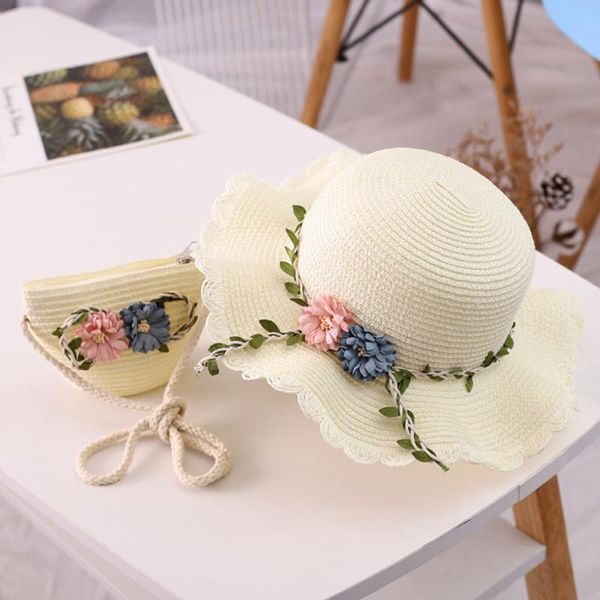 

wide brim hats girls 2-8 age straw hat tourism fashion 2021 sun flower casual beach children cap and bag set chapeau de paille, Blue;gray
