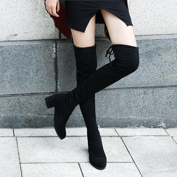 

boots black elastic flock slim fit over the knee women 2021 autumn winter ladies high heel warm fur plush long thigh botas