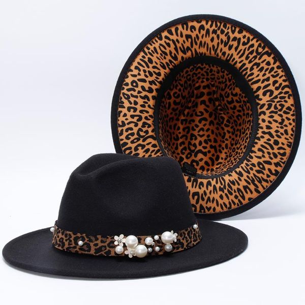

wide brim hats 2021 fedora hat women men patchwork red and black leopard for casual pattern outdoor felted, Blue;gray