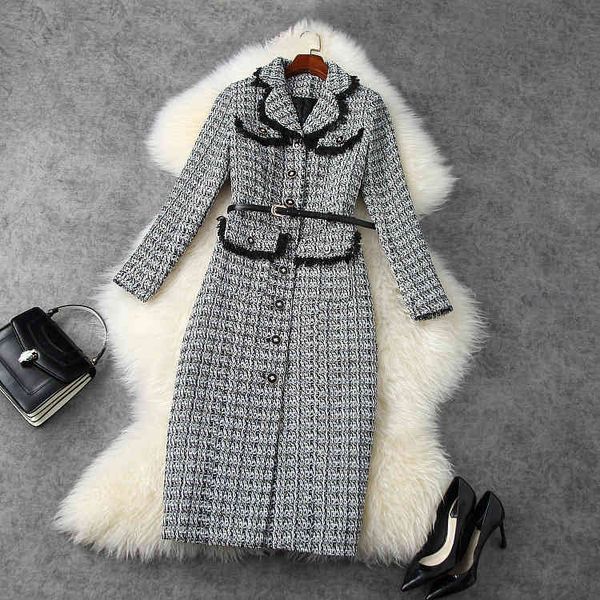 

casual dresses european and american women's wear winter style long-sleeved suit with single breasted collar fashionable tweed dress 6v, Black;gray