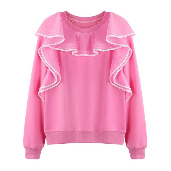 

women's hoodies & sweatshirts [ewq] korea chic mesh stitched ruffle loose and versatile sweatshirt 2021 autumn design female fashion 16, Black