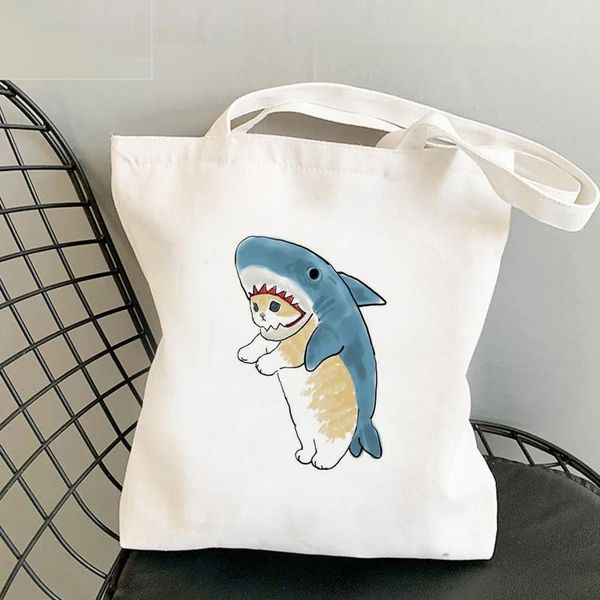 

evening bags cat sharkbolsa print canvas bag female large capacity harajuku college shopping shoulder cartoon hip hop