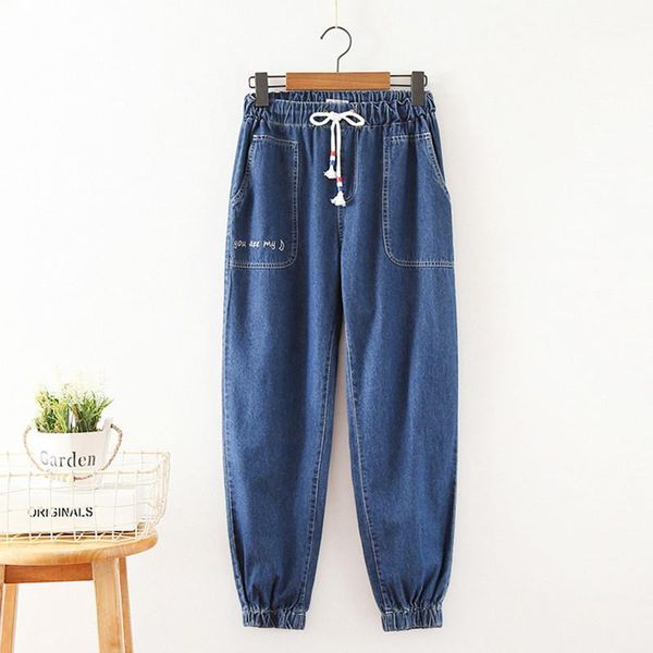 

women's jeans mori girl letters embroidery big pocket womens elastic waist ankle bandage harem denim trousers joggers, Blue