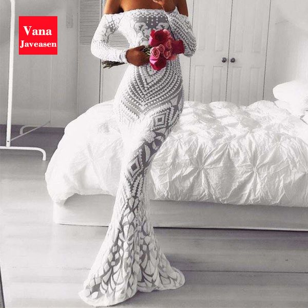 

slash neck slim lace fishtail dress party women elegant long sleeve embroidered white dresses woman evening bride smaid vestidos, Black;gray