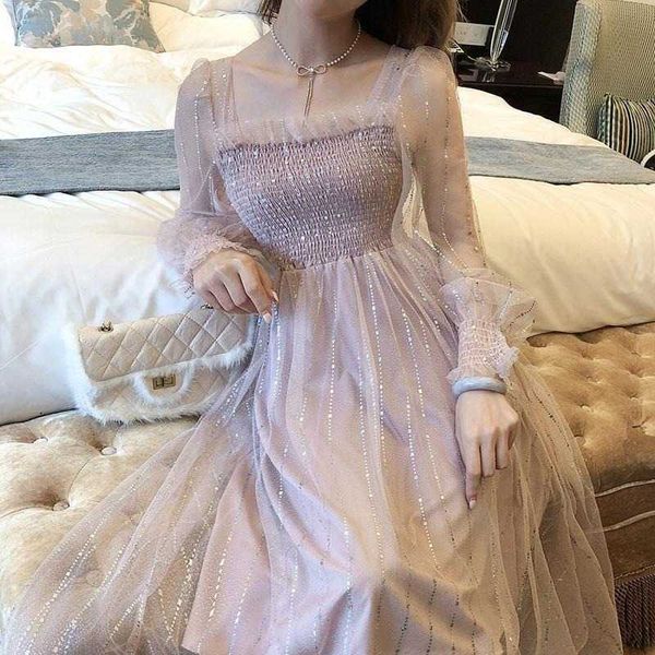 Uzun Peri Elbise Zarif Pullu Kol Maxi Elbiseler Yaz Tasarımcısı Kore Lady Düğün Parti Giyim 210604