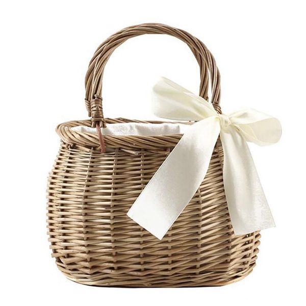 

storage baskets woven rattan totes with bow and cloth lining, handle handbags bohemia style beach bag