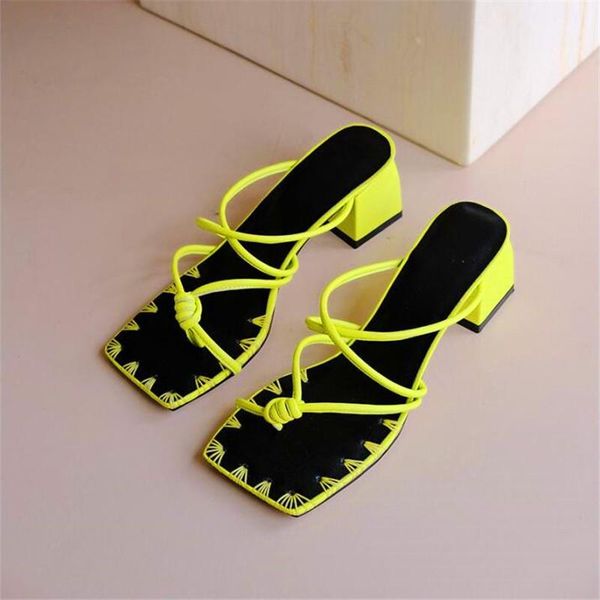 

slippers hand-woven decorative square toe ladies high heels green brown thin belt combination summer banquet, Black