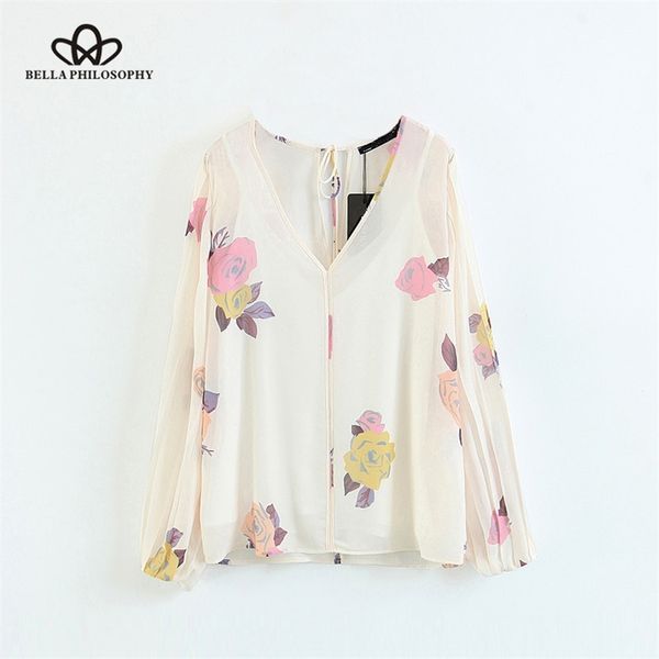 

spring women sweet blouse long sleeve print two piece suit fashion v neck casual chiffon 210519, White