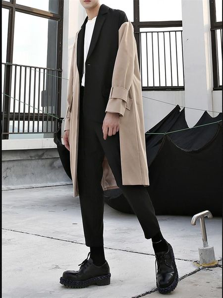 

men's trench coats irregular color splicing design in the long windbreaker coat couples with same leisure large size, Tan;black