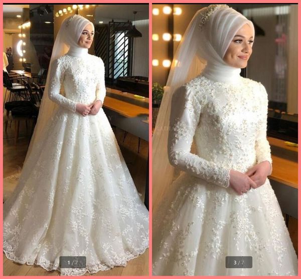 

2021 islamic ivory full lace muslim wedding dress without hijab a line long sleeves saudi arabic vintage bridal gowns dubai modest women bri, White