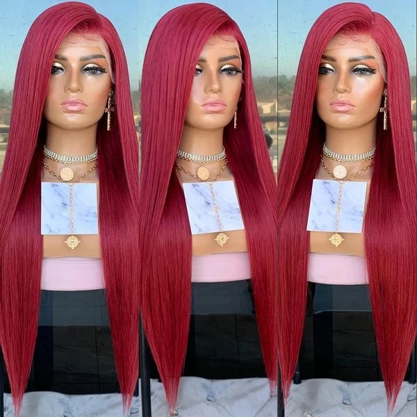 

selling red color silky straight synthetic wigs lace front wig for women preplucked soft with baby hair 180% density, Black