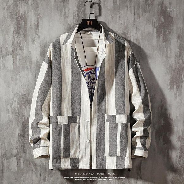 

men's casual shirts long-sleeved shirt fashion striped jacket spring japanese large pocket tooling camisas para hombre, White;black