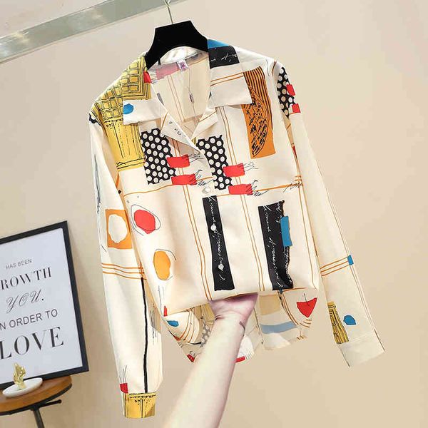 

spring autumn women's printed long-sleeved shirt korean retro large size womens and blouses gd528 210506, White