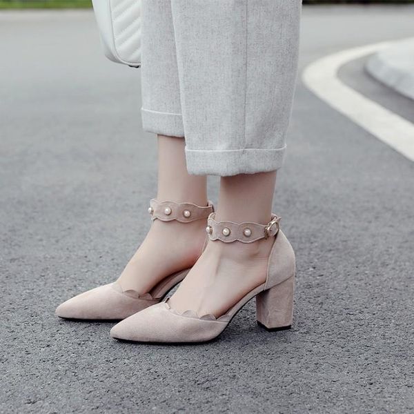 

dress shoes big size high heels sandals women woman summer ladies pearls with pointed lace and buckled suede, Black