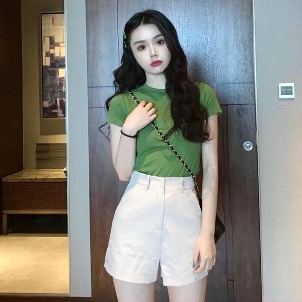 

women spring summer elegant 2 pcs suit lady o-neck short sleeve shirt and wide leg shorts female casual solid set g561 women's tracksui, Gray