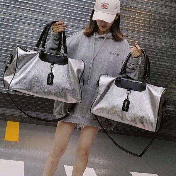 

duffel bags silver sports bag lady luggage in travel with tag gym leather women yoga fitness sac de sport big