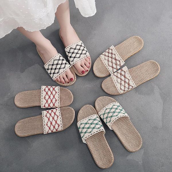 

slippers suihyung women summer home shoes casual breather flax lace blet slides ladies indoor sandals non-slip linen flip flops, Black