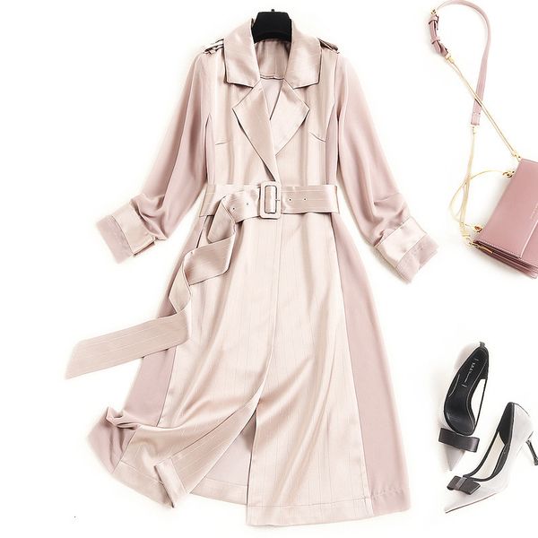 

women's trench coats fall long sleeve notched-lapel pink / blue striped print belted panelled mid-calf coat elegant outwear oag0515122, Tan;black