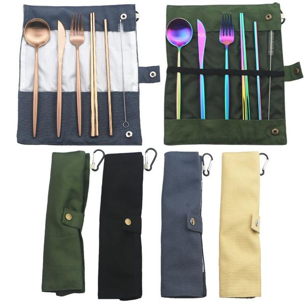 

dinnerware sets rainbow metal travel storage cutlery set portable flatware knife fork spoon chopsticks straw picnics offices bbq accessories