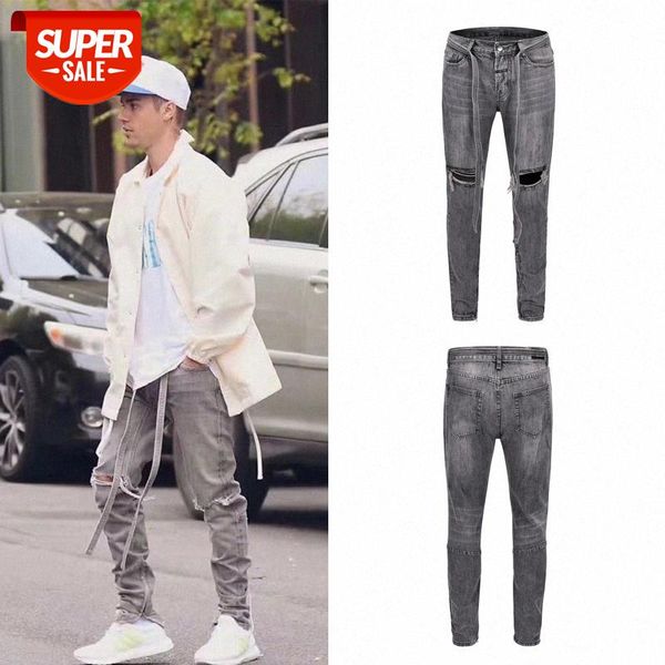 

fog sixth kanye ribbon knife cut zipper washed gray ripped jeans #0j5u, Blue