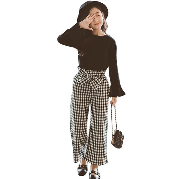 

clothes for girls plaid pattern outfits tshirt + pants sets flare sleeve kid 6 8 10 12 14 210527, White