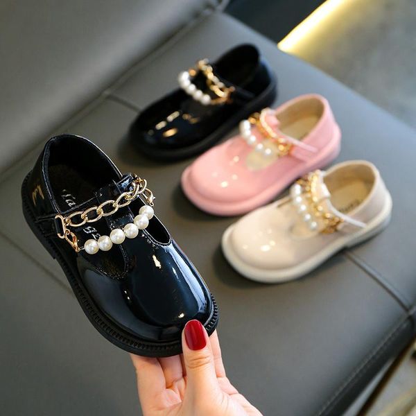 

flat shoes autumn fashion metal chain beaded children' party leather kids school girls dress elegant 2021 princess 3-10, Black;grey