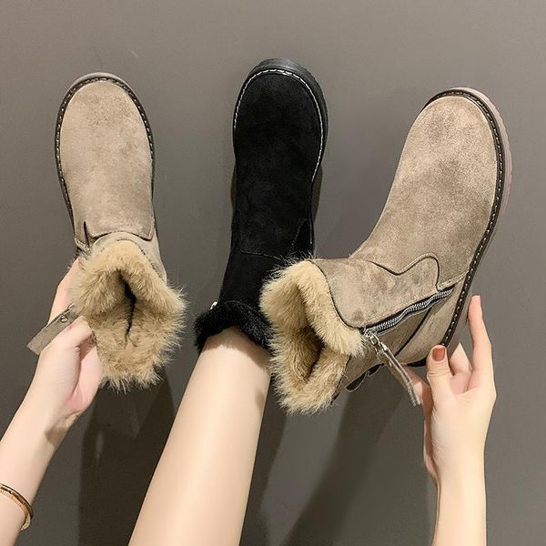 

boots ankle women zip flat leather short plush winter shoes warm ladies sewing fashion black shoeswoman