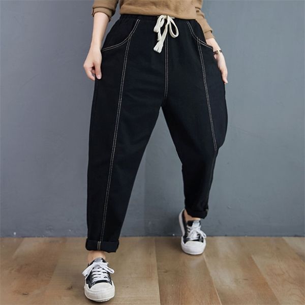 

arrival spring autumn women elastic waist loose black pants plus size 100% cotton casual harem femme trousers v266 210512, Black;white