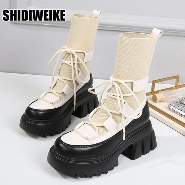 

boots ankle woman 2021 ladies casual stretch fabric socks fashion cross-tied women shoes platform gothic, Black