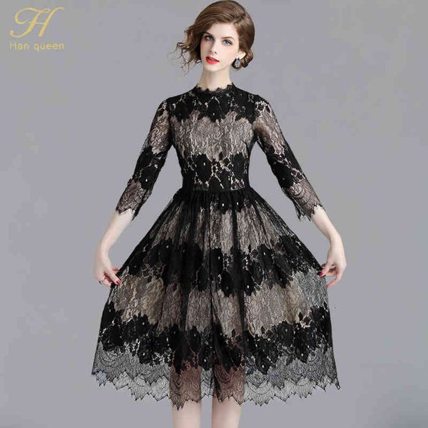 

party dresses h han queen autumn elegant hollow out lace dress women half sleeve vintage slim party casual dresses office ves, White;black