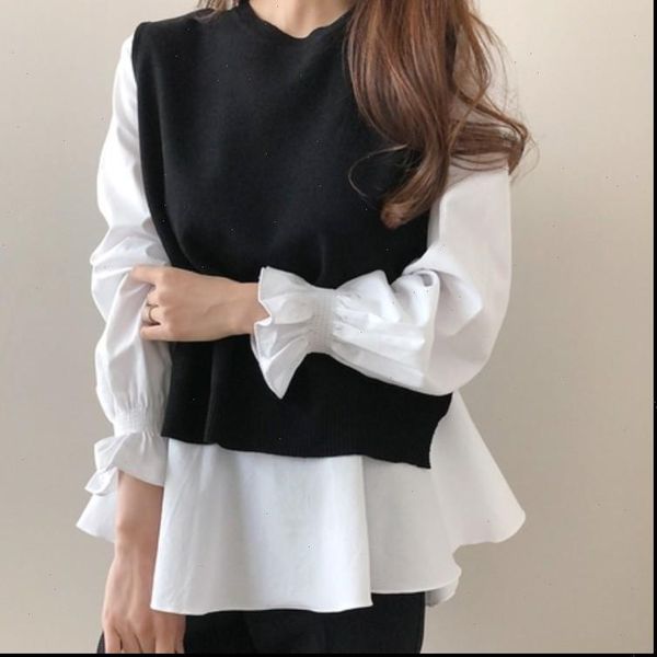

autumn white ruffled womens blouses long sleeve black o neck pullover sleeveless vest office knitted 2 piece set