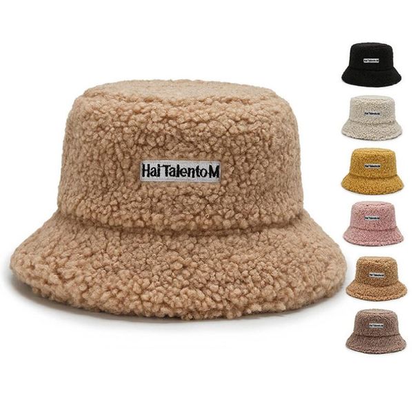 

fashion street embroidered bucket stingy brim hat thickened warm teddy velvet winter fisherman hats for women lady outdoor, Blue;gray