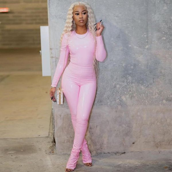 

women's tracksuits sisterlinda casual spring pu leather long sleevel shirt+pant female two piece set high street clothing lady activity, Gray