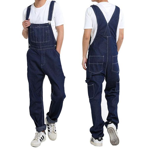 

large size 28 - 50 spring loose jeans bib men overalls denim jumpsuits workwear classic straight pants hip hop blue trousers men's