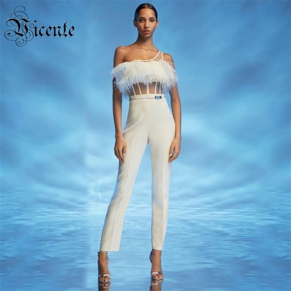 

chic feather embellished striped voile splicing one shoulder celebrity party bandage jumpsuit 210520, Black;white