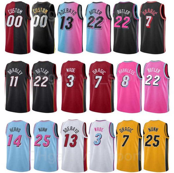 

screen print basketball dwyane wade jersey 3 jimmy butler 21 tyler herro 14 goran dragic 7 kendrick nunn bam ado man woman youth, Black