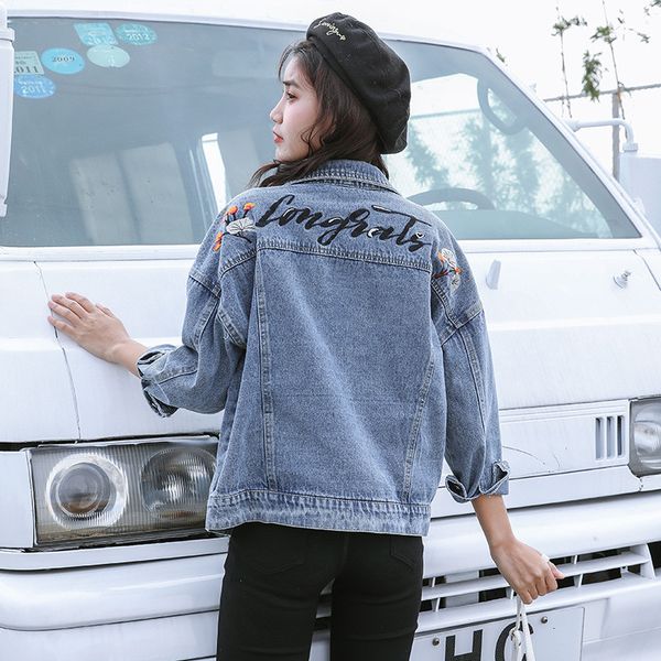 

fashion women spring autumn embroidery outerwear womens jeans jacket basic casual loose denim coat, Black;brown
