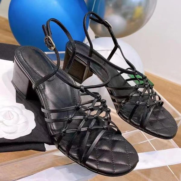 

sandals weave design women narrow bands sqaure heels genuine leather shoes summer slides chic designer woman shoe, Black