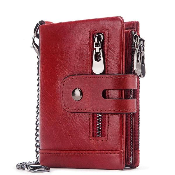 

100% genuine leather men's wallet coin purse compact mini card holder chain portfolio portomonee wallets, Red;black