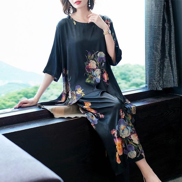

summer middle aged floral suit women dress loose short sleeved wide leg pants mother 4xl 2 piece set ladies, White