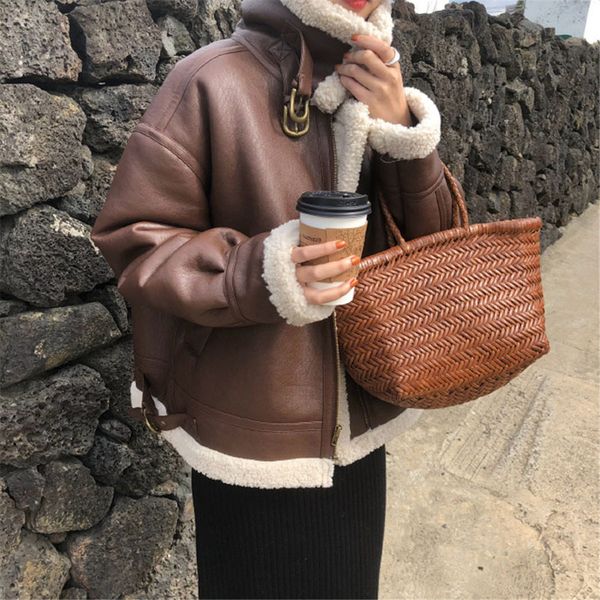 

women's thicken wool down collar leather woman's jacket winter fur coat, Black